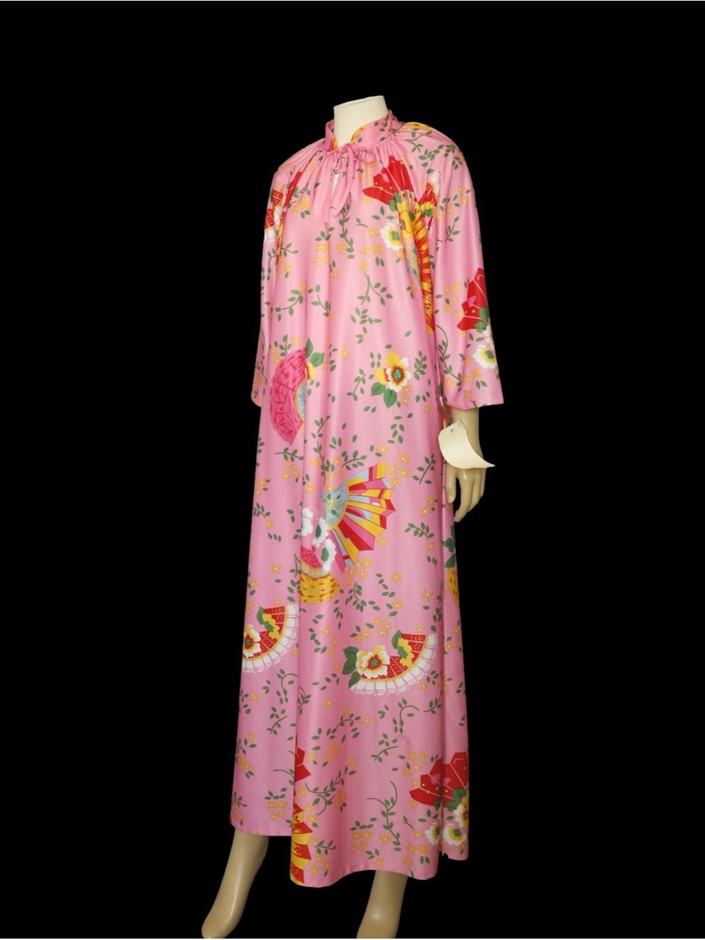 1970s Pink Japanese Fan Floral Housedress Maxi Robe Kaftan Tie Neck Vintage - Picture 11 of 14